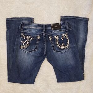 Miss Me Blue Boot Cut Jeans with White Embroidery